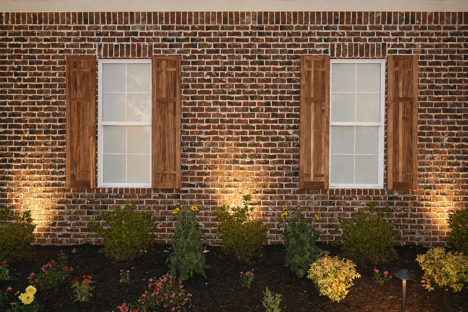 Natural hardwood board and batten shutters flanking two windows on a red brick home at dusk.